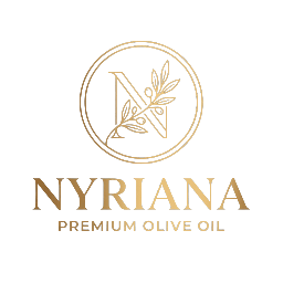 Nyriana Premium Olive Oil altın logo, zeytin dalı motifli amblem